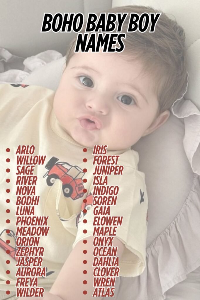 Baby footprints in the sand with a handwritten list of unique boho boy names