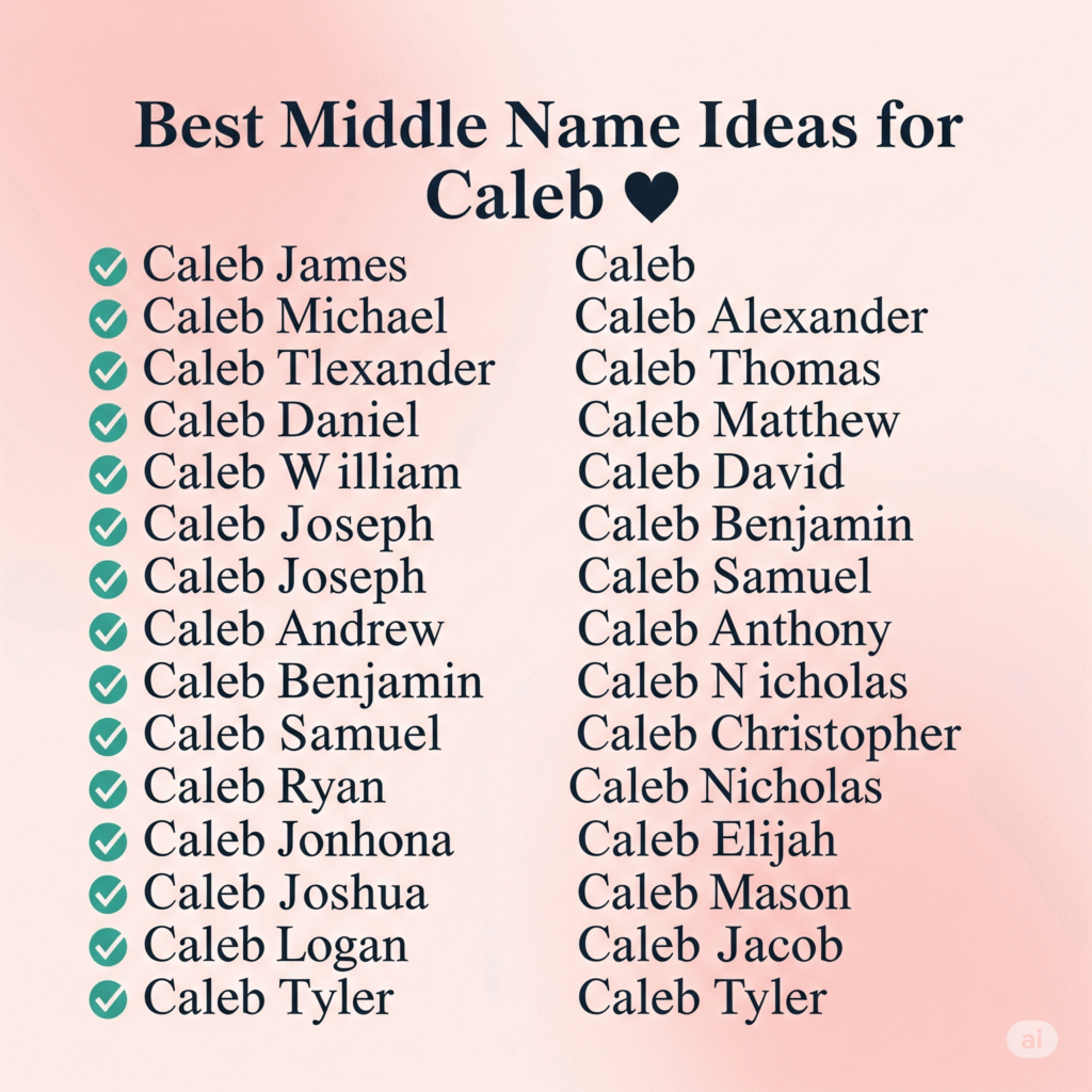 Vintage-style baby name chart featuring top middle names for boys including Caleb