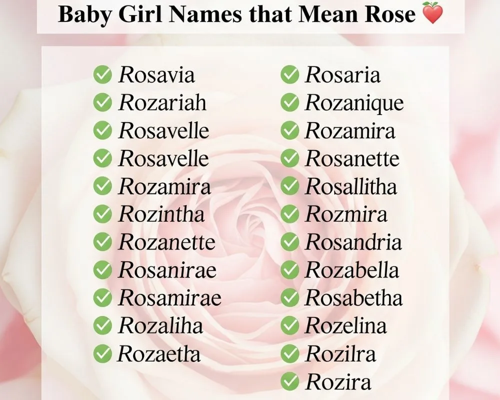 Elegant handwritten baby girl names that mean rose on a floral-themed notepad