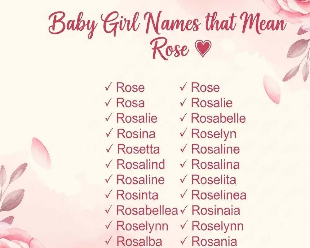 Flat lay of baby girl clothes, a name list, and a bouquet of pink roses

