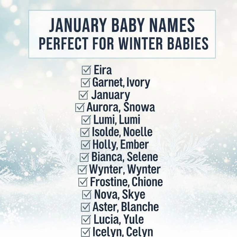 Frosty forest background with text overlay of baby names like Aurora, Jasper, and Ivy
