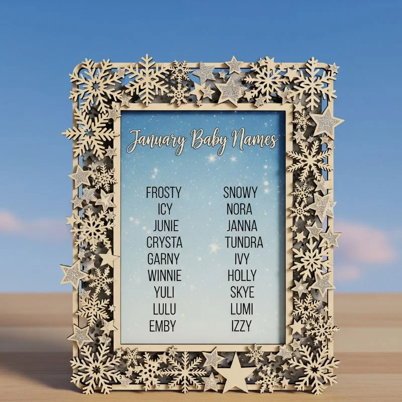 Baby onesies labeled with names like Winter, Holly, and Orion set against a snowy background