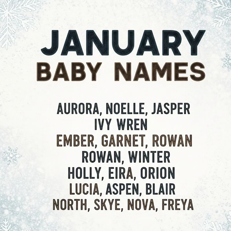 Snow-covered baby shoes beside a name list of January-inspired baby names