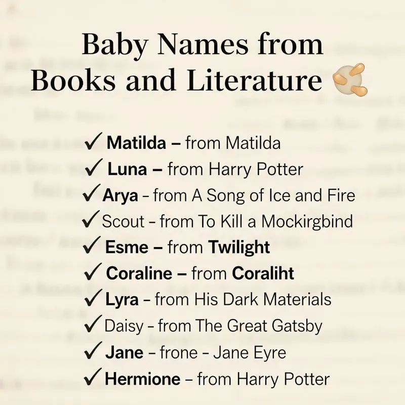 Flat lay of baby essentials and storybooks featuring character names
