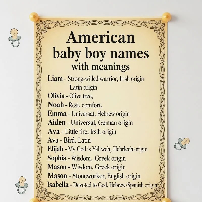 Adorable newborn with a list of classic American baby boy names and meanings