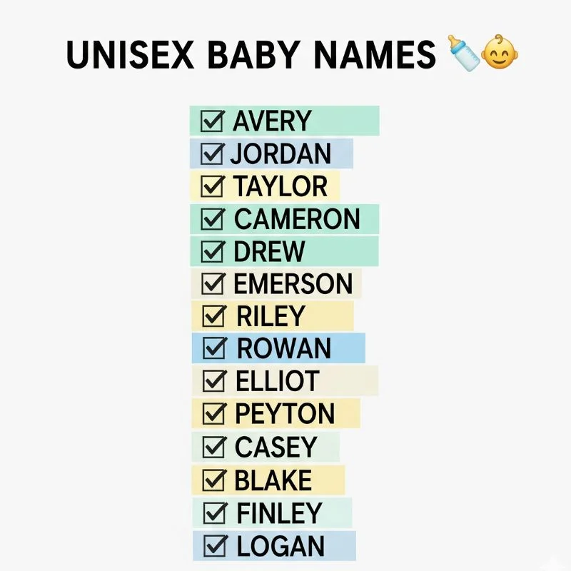 Happy newborn with banner of unisex baby names