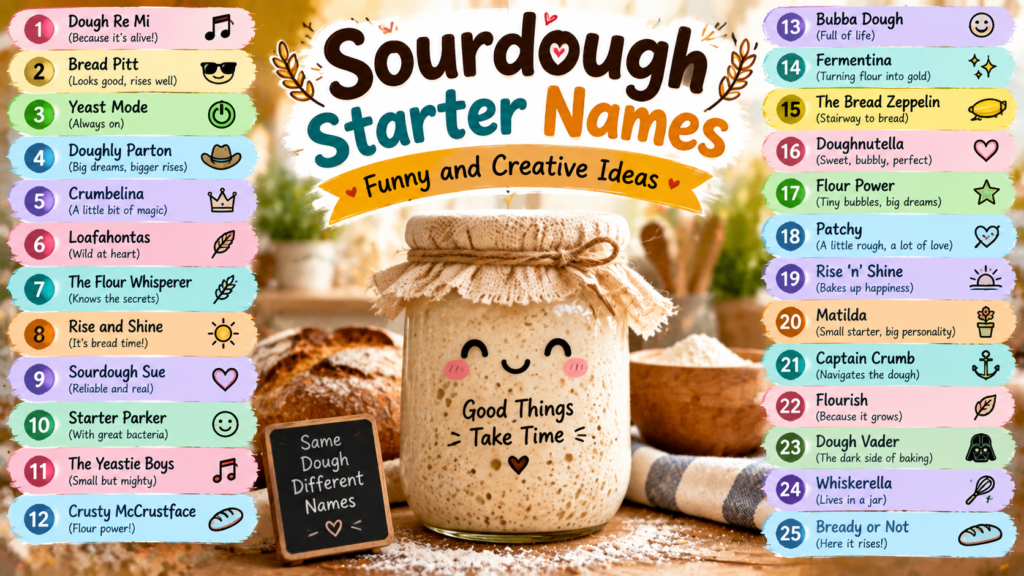25 Funny Sourdough Starter Names in a colorful infographic