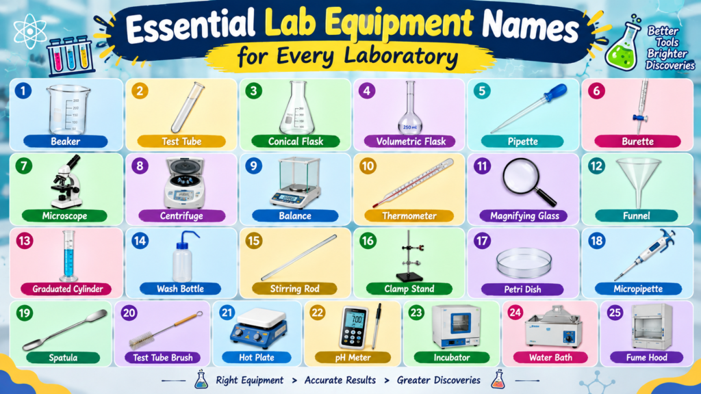 Essential Lab Equipment infographic featuring 25 equipment names