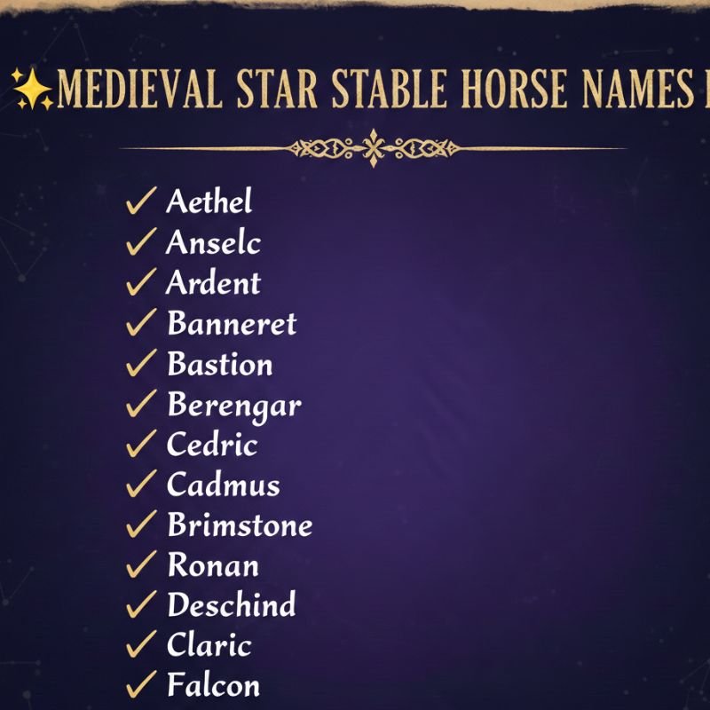 A collection of unique medieval-themed horse names inspired by Star Stable.