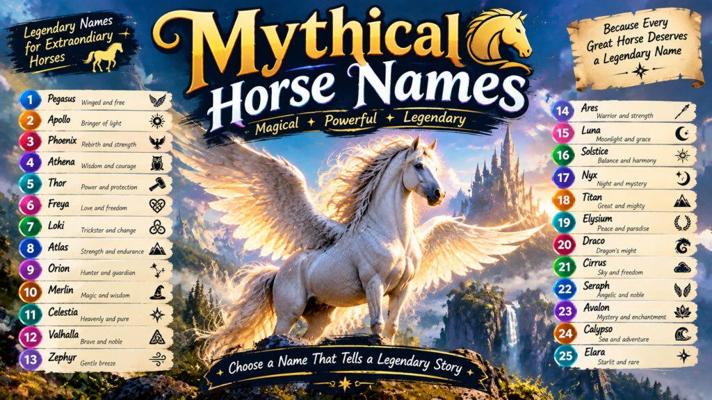 Mythical Horse Names featuring Pegasus, Apollo, Phoenix, Athena, Thor, and Merlin