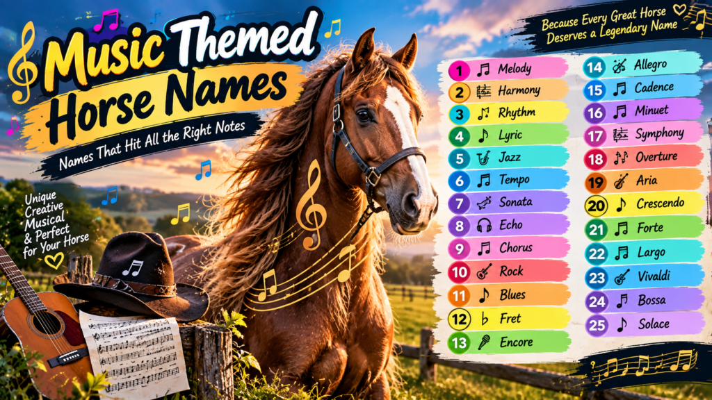 Music Themed Horse Names featuring Melody, Harmony, Rhythm, Lyric, Jazz, and Tempo