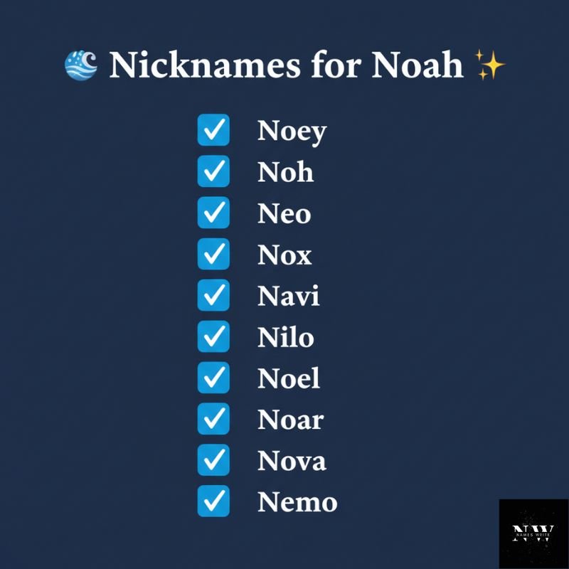 Social media friendly graphic listing trendy nicknames for Noah