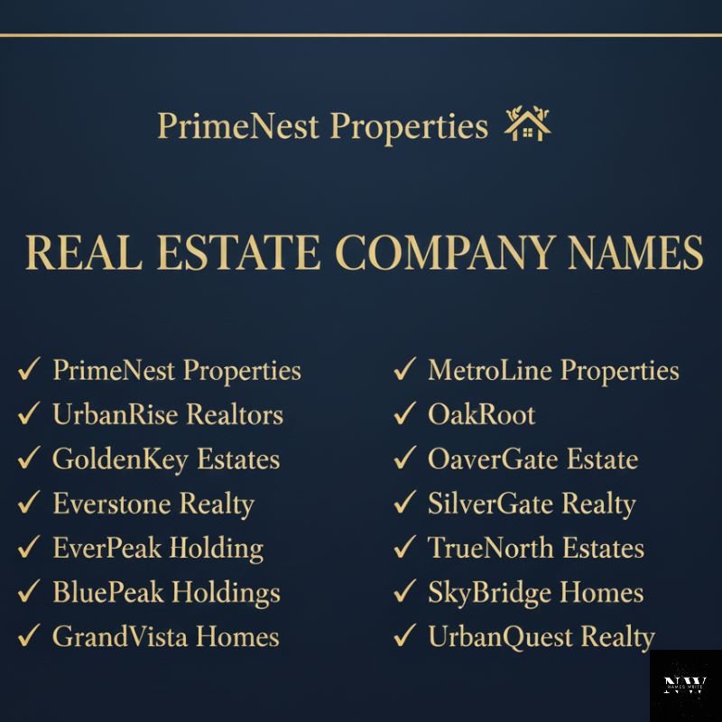 Creative real estate company names displayed in a clean branding concept layout