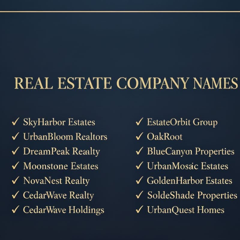 Branding inspiration showing powerful real estate company names for startups